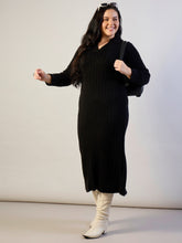 Black Solid Acrylic Wool Collar Midi Dress SASSAFRAS CURVE